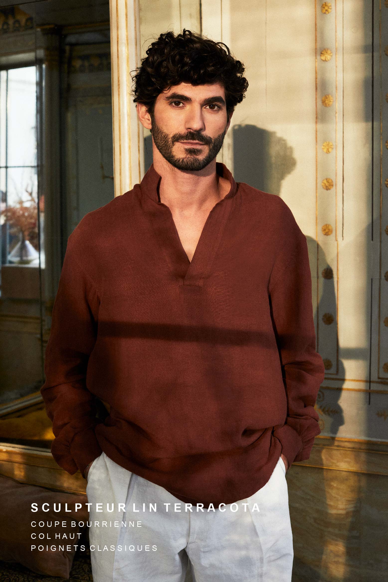men's terracotta dress shirt Short Sleeve Linen Shirt