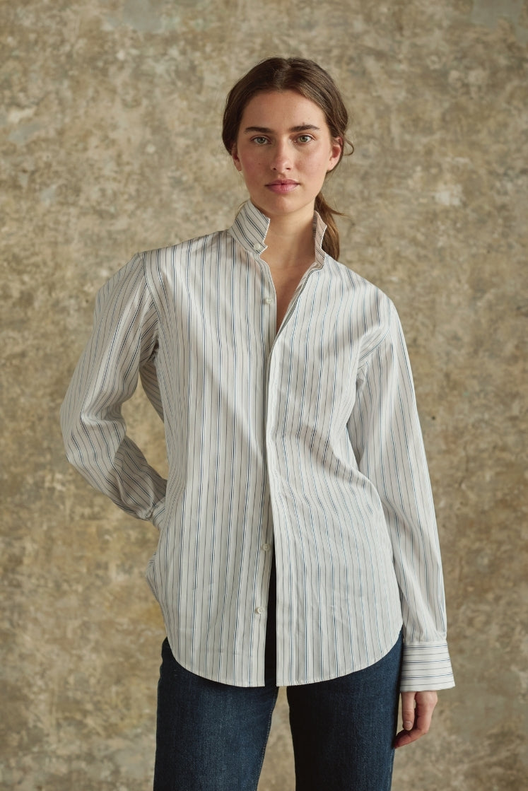 Chemise AMAZONE en coton blanc rayé bleu gris Bourrienne femme, col haut
