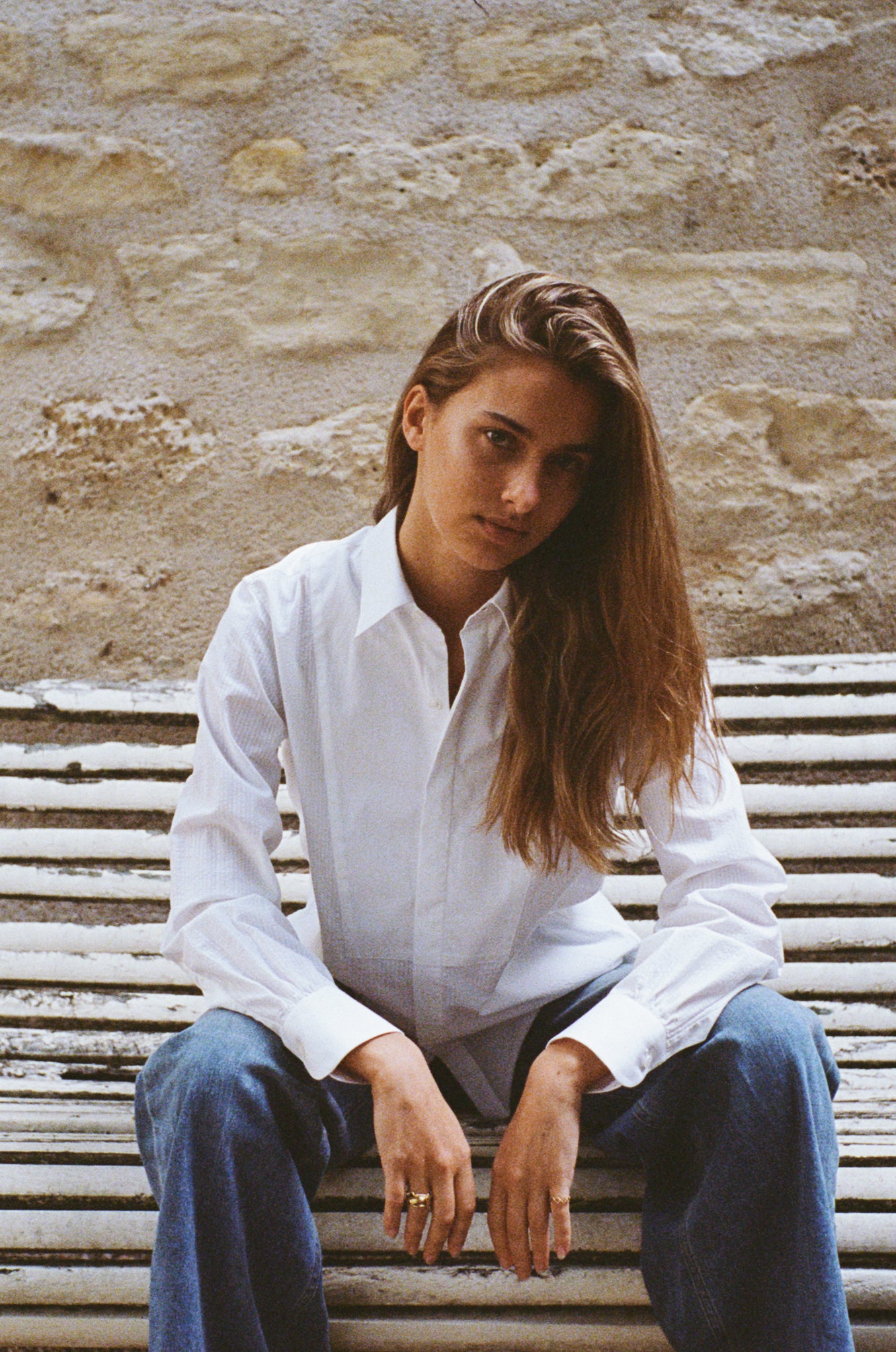 Chemise blanche à plastron et col français en seersucker pour femme Bourrienne | Vue de face