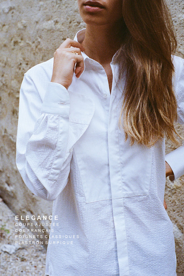 Chemise blanche à plastron en seersucker pour femme | Vue de face
