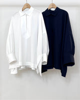 Chemise Poncho Haut de gamme collaboration Bourrienne x YLEVE popeline de coton japonaise bleue marine et blanche