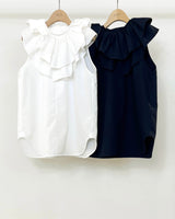 Chemisier blanc et bleu marine pour femme en popeline de coton japonaise avec col à volants sans manche | Bourrienne collab Ylève 