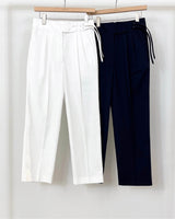 Pantalons blanc et bleu marine à pinces pour femme en twill de coton japonais | Bourrienne collab Ylève
