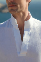 Chemise Homme Haut de gamme, 100% Lin de Belgique - coupe Bourrienne avec poignets classiques, vue close-up