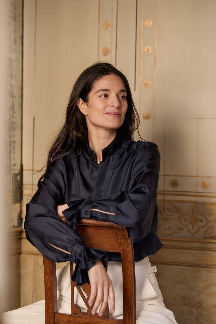 BOURRIENNE BOUDOIR BLEU リネンシャツ Navy blue Silk Shirt for Women | Bourrienne Paris X
