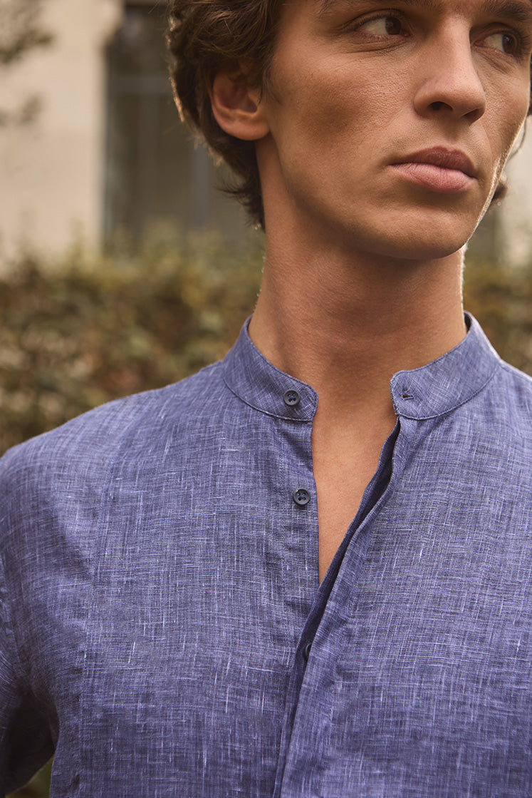 Navy Linen Shirt with Plastron for Men | Bourrienne Paris X