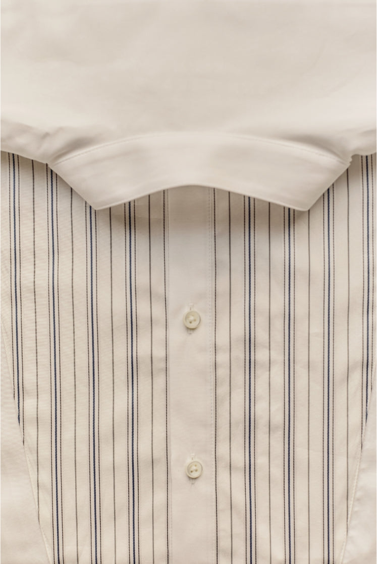 Chemise ROMANCIER Bourrienne en popeline de coton rayée bleu gris, col français et poignets classiques
